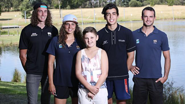 Olympians Ian Borrows, Jessica Fox and Lucien Delfour with Junior Sport Stars Mitchell Gavin and Jayden Ojeda. Photographer: Adam Yip