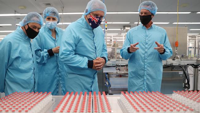 Prime Minister Scott Morrison and Health Minister Greg Hunt visit the CSL plant responsible for making and delivering the AstraZeneca COVID-19 vaccine in Melbourne. Picture: Adam Taylor PMO Via NCA NewsWire.