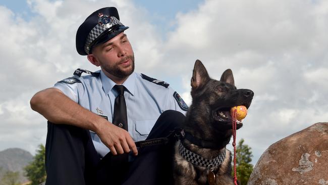 Senior Constable David Forrest with new police dog Uzi. Picture: Evan Morgan