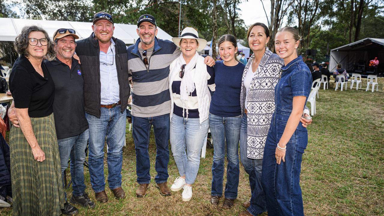 Getting together at the Hampton Festival are (from left) Sharon Porter, Antony Porter, Fred Voll, Mike Black, Margot Black, Isabelle Voll, Rowena Voll and Gabrielle Voll, Saturday, May 17, 2025. Picture: Kevin Farmer