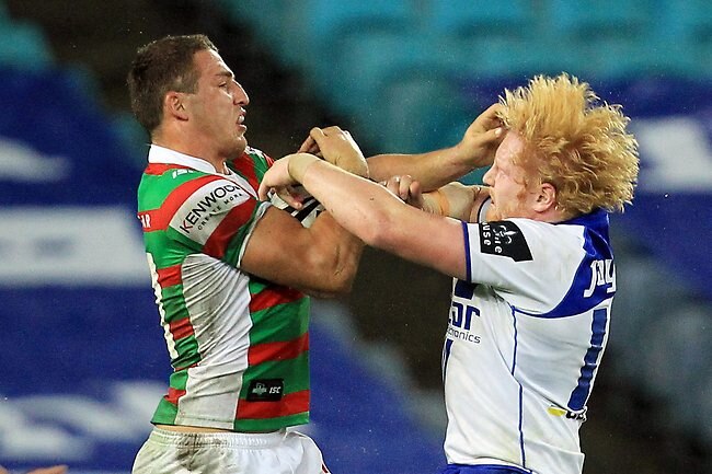 NRL Round 13 Bulldogs v Rabbitohs: Poms, Sam Burgess and James Graham fight it out. Picture: Mark Evans