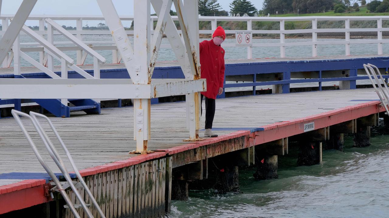 Geelong local Jenny Clark in 2021, concerned about the state of Geelong’s circular Pier at Eastern Beach. Picture: Mark Wilson