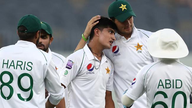 PERTH, AUSTRALIA - NOVEMBER 13: Shaheen Shah Afridi of Pakistan congratulates Naseem Shah after dismissing Marcus Harris of Australia during day three of the International Tour match between Australia A and Pakistan at Optus Stadium on November 13, 2019 in Perth, Australia. (Photo by Paul Kane/Getty Images)