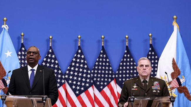 US Secretary of Defence Lloyd Austin (L) and US Chairman of the Joint Chiefs of Staff, General Mark Milley hold a press conference after a meeting of the Ukraine Defense Contact Group. Picture: AFP.