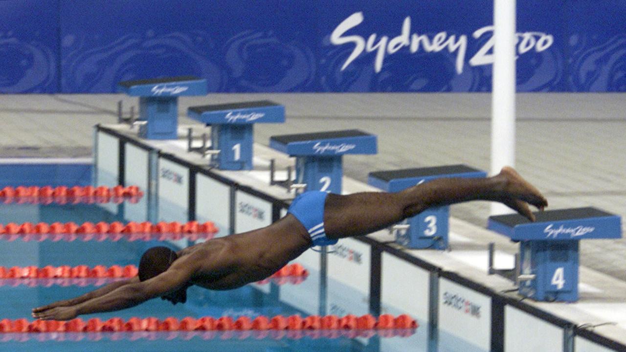 Eric Moussambani – Eric the Eel – begins his famous swim at the Sydney Olympic Games.