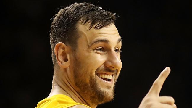 Andrew Bogut celebrates the win over the Hawks. Picture: Getty