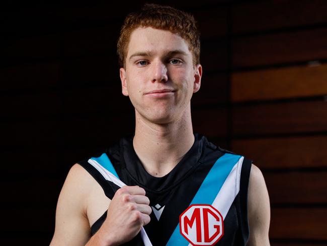 MELBOURNE, AUSTRALIA - NOVEMBER 21: Port Adelaide Power draftee Joe Berry poses for a photo during an AFL Draft Media Opportunity at Marvel Stadium on November 21, 2024 in Melbourne, Australia. (Photo by Dylan Burns/AFL Photos via Getty Images)