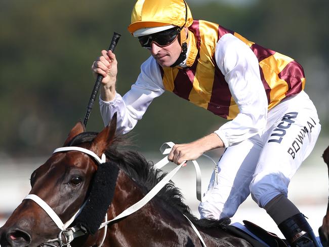 Hugh Bowman on Preferment celebrates winning The BMW. Picture: AAP