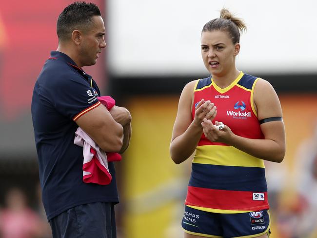 Ebony Marinoff talks to assistant AFLW coach Andrew McLeod during the 2019 season. Picture: Sarah Reed