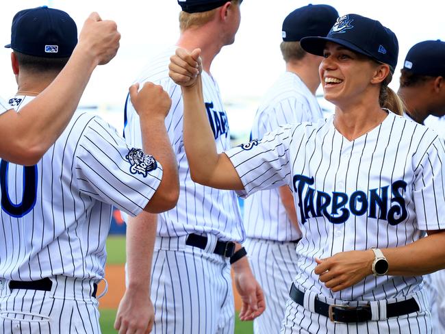 *** BESTPIX *** TAMPA, FLORIDA - APRIL 12:  Tampa Tarpons Manager Rachel Balkovec is greeted by teammates during a game against the Dunedin Blue Jays at George M. Steinbrenner Field on April 12, 2022 in Tampa, Florida. (Photo by Mike Ehrmann/Getty Images)