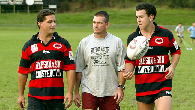 Treleaven (centre, pictured with Wests Panthers in 2003) is a legend of the game in Brisbane and Queensland circles. Picture: Derek Moore