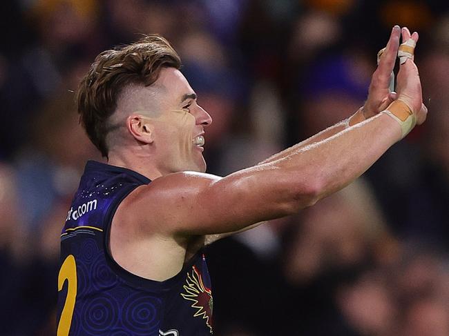 ADELAIDE, AUSTRALIA - MAY 26: Ben Keays of the Crows celebrates a goal with Chris Burgess during the 2024 AFL Round 11 match between Kuwarna (Adelaide Crows) and Waalitj Marawar (West Coast Eagles) at Adelaide Oval on May 26, 2024 in Adelaide, Australia. (Photo by Sarah Reed/AFL Photos via Getty Images)