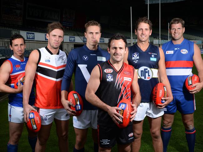 A new football competition that will pit Melbourne's best amateur players off against each other will be contested for the first time this year. The city centric competition is based on country football championships where the state's best lock horns for bragging rights. (L-R) Peter Mercoulia (SFL), Matt Cravino (EDFL), Chris Waller (VAFA), Justin Van Unen (EFL), Ryan Jackson (NFL) and Jason Cloke (WRFL).