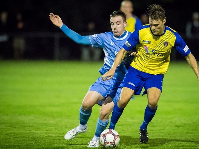 Palm Beach’s Harry Liebke (left) in action against Broadbeach United. Picture: East End Digital