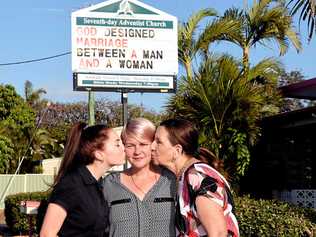 Hervey Bay's Seventh-Day Adventist Church has made its stance clear for the gay marriage debate.  A family tired of the argument daughter Tahnee Williams, Natalie Stone and her mother Janet Wolf. Picture: Valerie Horton