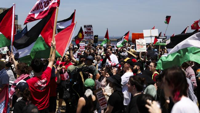 A pro-Palestine protest to attempt to block an Israel ZIM Shipping boat takes place at Port Botany foreshore boat ramp today. Picture: NCA NewsWire/ Dylan Robinson