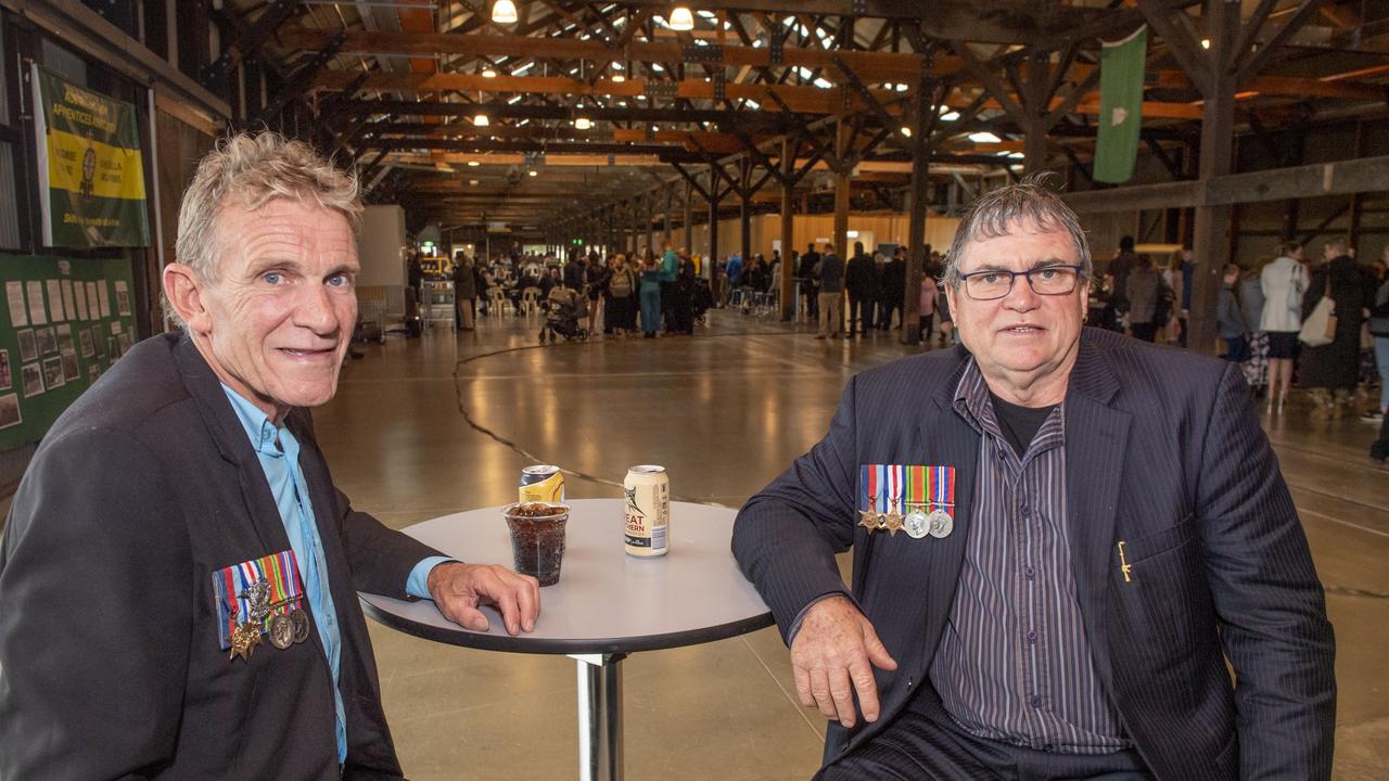 Scott and Russel Catton wore their fathers medals. Roy Samuel Catton's service took in D Day, Sicily and Tonga. Gunfire breakfast at The Goods Shed on ANZAC DAY. Tuesday, April 25, 2023. Picture: Nev Madsen.