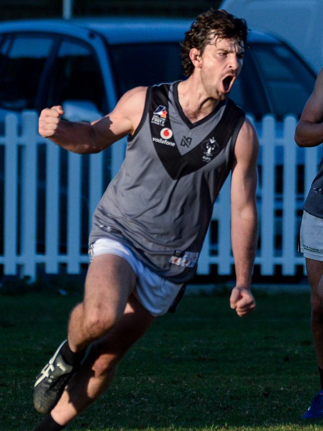 Adelaide Uni’s Ryan Marini celebrates a goal during the Blacks big win on Saturday. Picture: Brenton Edwards