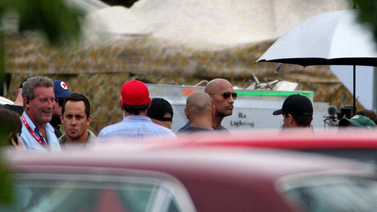 Scenes for Dwayne "The Rock" Johnson new movie San Andreas being shot at The Pines Shopping Centre Elanora. Picture: David Clark