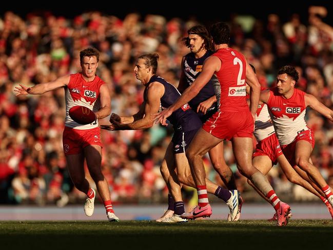 Nat Fyfe played as a stopper to negate Isaac Heeney. Picture: Cameron Spencer/Getty Images