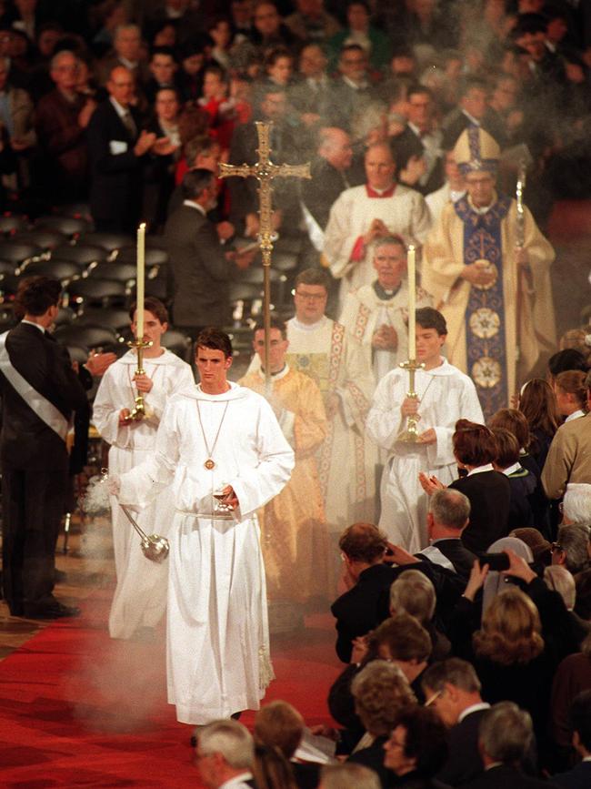 Pell arrives in the Exhibition Building for his ordination as the Roman Catholic Archbishop of Melbourne.