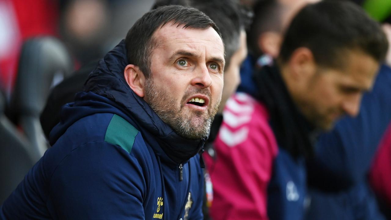 Southampton manager Nathan Jones reacts before the Premier League match between Southampton FC and Wolverhampton Wanderers at Friends Provident St Mary's Stadium on February 11, 2023 in Southampton, England.  (Photo by Dan Mullan/Getty Images)