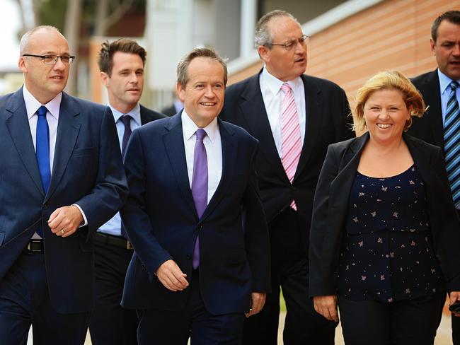 Chris Minns (second from left) with former NSW Labor Leader Luke Foley (L) and Federal Labor leader Bill Shorten (C). Picture: Toby Zerna