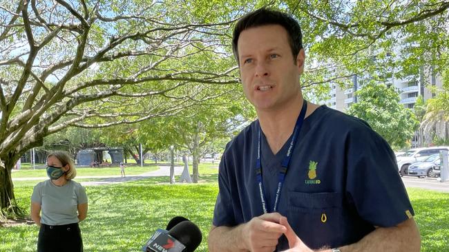 Cairns Hospital Chief Executive Tina Chinery (left) and infectious disease expert Dr Simon Smith provided an update about growing cases of COVID-19 across FNQ and the Cairns and Hinterland Hospital and Health Services response plans. Picture: Alison Paterson