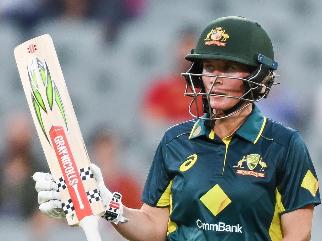 Beth Mooney of Australia celebrates after reaching her half century during game three of the T20 International Women's Ashes series at Adelaide Oval on January 25, 2025 in Adelaide, Australia. (Photo by Mark Brake/Getty Images)