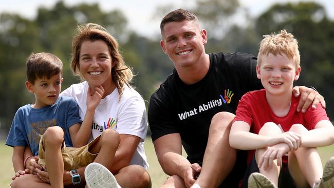 Steve and Wallaroo Lori Cramer pictured with kids Will (L) and Owen. Picture: Toby Zerna