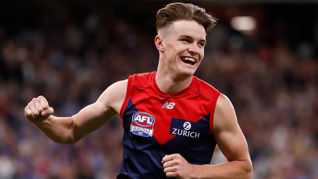 PERTH, AUSTRALIA - SEPTEMBER 25: Bayley Fritsch of the Demons celebrates a goal during the 2021 Toyota AFL Grand Final match between the Melbourne Demons and the Western Bulldogs at Optus Stadium on September 25, 2021 in Perth, Australia. (Photo by Michael Willson/AFL Photos via Getty Images)