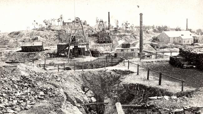 The Old Chum mine in Bendigo, one of George Lansell’s operations, pictured around 1875. Picture: State Library of Victoria