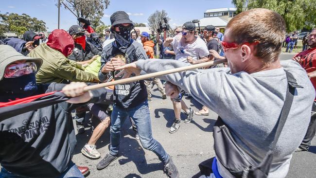 Opposing protesters clash. Picture: Jason Edwards