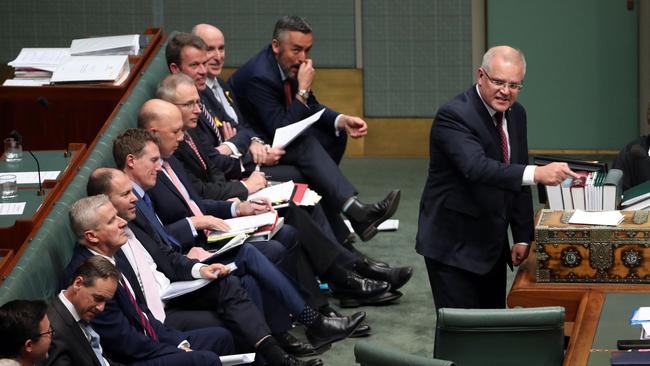 Prime Minister Scott Morrison and his frontbench during Question Time in the House of Representatives in Parliament House. Picture: Gary Ramage