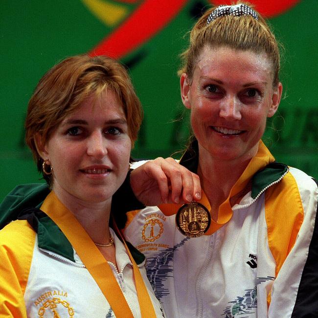 Michelle Martin (right), winner of the gold medal, with fellow Australian and Silver medal winner Sarah Fitz-Gerald in the womens singles squash at the 1998 Commonwealth Games in Kuala Lumpur, Malaysia. Picture: News Corp