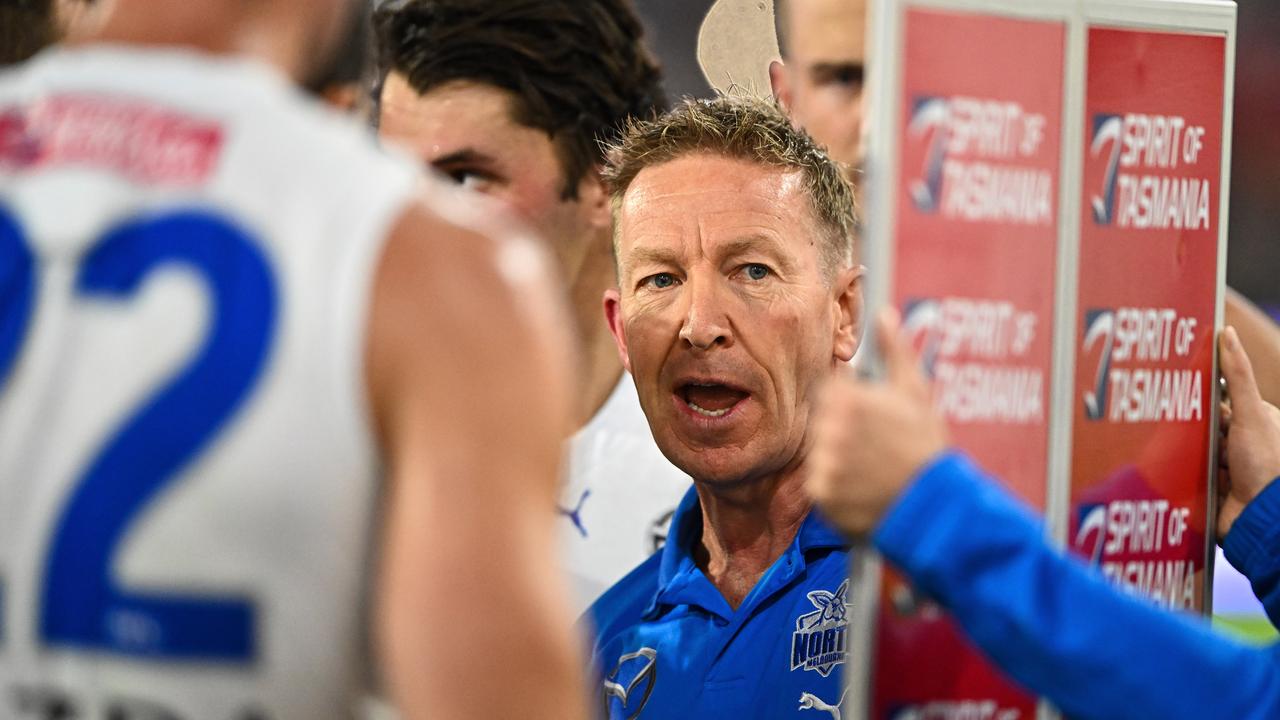 David Noble addresses his players. Photo by Daniel Carson/AFL Photos via Getty Images