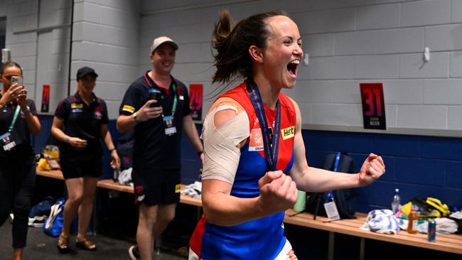 Pearce celebrates victory after the AFLW Grand Final last year. Picture: Getty Images