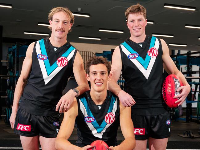 Port Adelaide's mid-season draftees. Mani Liddy, Harry Ramm and Ewan Mackinlay. Picture: Brooke Bowering