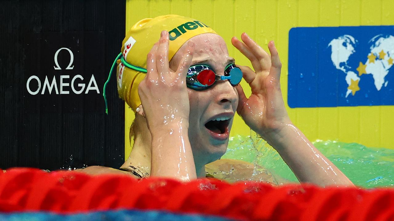 BUDAPEST, HUNGARY - JUNE 23: Mollie O'Callaghan of Team Australia celebrates after picking up Gold in the Women's 100m Freestyle Final on day six of the Budapest 2022 FINA World Championships at Duna Arena on June 23, 2022 in Budapest, Hungary. (Photo by Dean Mouhtaropoulos/Getty Images)