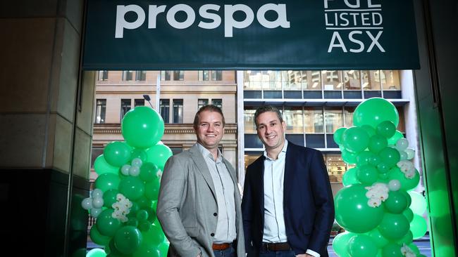 Prospa co-CEOs Beau Bertoli and Greg Moshal at Prospa’s listing at the ASX in Sydney in June. Picture: John Feder