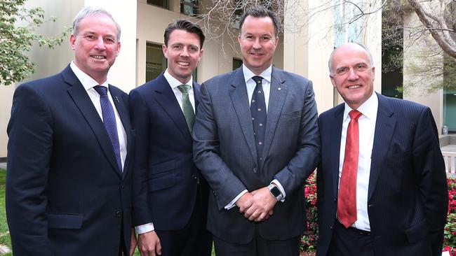 Liberal senators Richard Colbeck, Jonathon Duniam, David Bushby and Eric Abetz at Parliament House in Canberra. Picture: Kym Smith