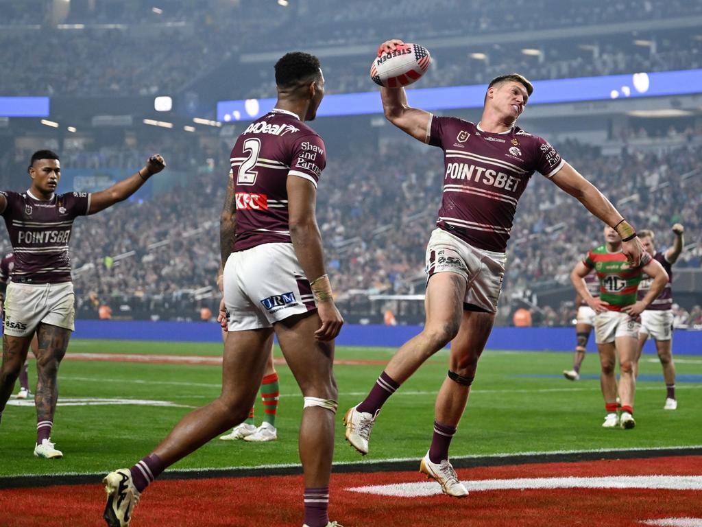 Reuben Garrick celebrates NFL-style at Allegiant Stadium. Picture: NRL Photos/Grant Trouville