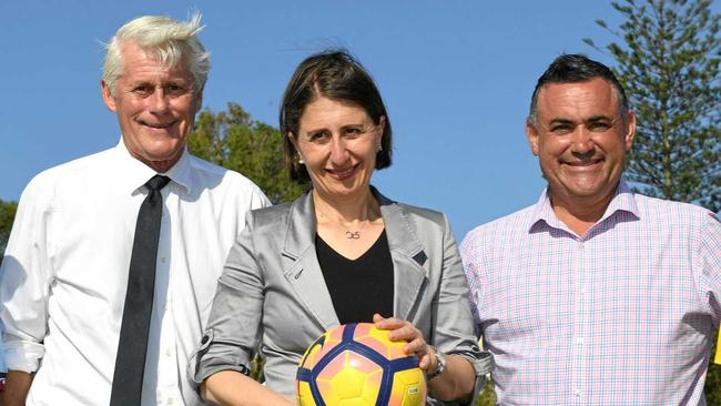 ON THE BALL: Member for Tweed Geoff Provest, NSW Premier Gladys Berejiklian and NSW Deputy Premier John Barilaro announced a $3.2 million upgrade of the facilities at Walter Peate Reserve. Picture: Scott Davis