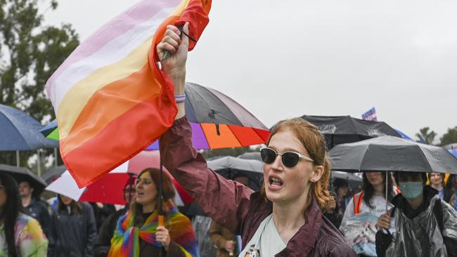 Trans rights activists flocked to the lawn to show their support. Picture: NCA NewsWire / Martin Ollman