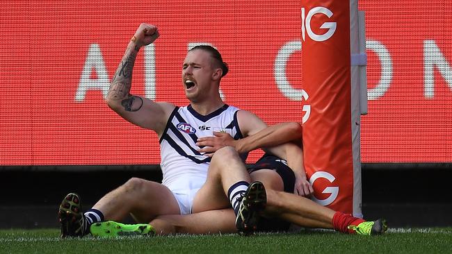 Cam McCarthy celebrates his matchwinning goal. Picture: AAP