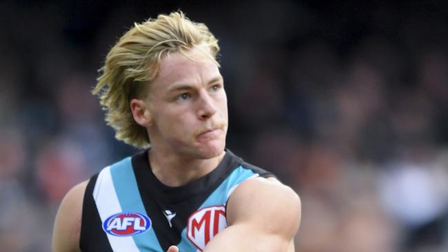 ADELAIDE, AUSTRALIA - MAY 07: Miles Bergman of Port Adelaide during the round eight AFL match between Port Adelaide Power and Essendon Bombers at Adelaide Oval, on May 07, 2023, in Adelaide, Australia. (Photo by Mark Brake/Getty Images)