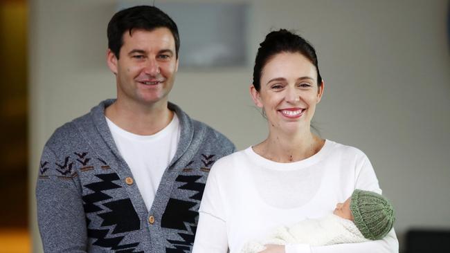 Jacinda Ardern and partner Clarke Gayford with their new baby girl Neve. Picture; Getty Images.