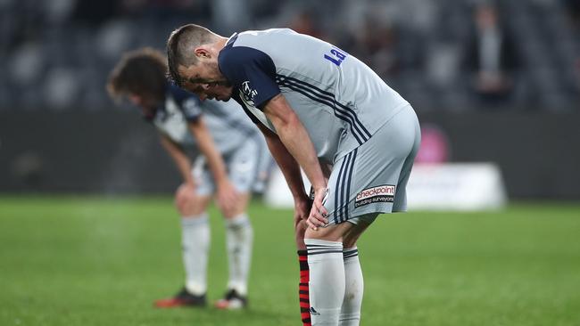Victory defender James Donachie reflects on another loss. Picture: Cameron Spencer/Getty Images