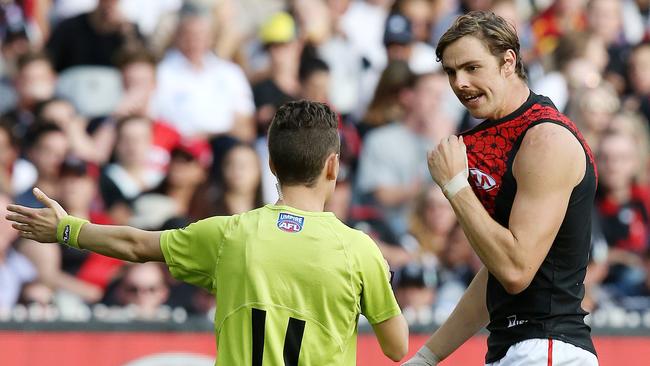 Essendon's Joe Daniher appeals with the umpire for a free kick. Pic: Michael Klein