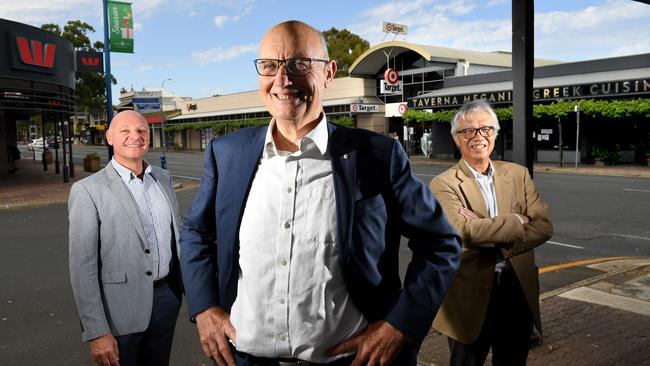 Catcorp managing director Anthony Catinari, Unley Council Mayor Michael Hewitson and businessman Patrick Ho with the proposed Unley Central development site in the background.